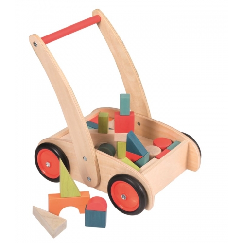 wooden push along trolley with bricks